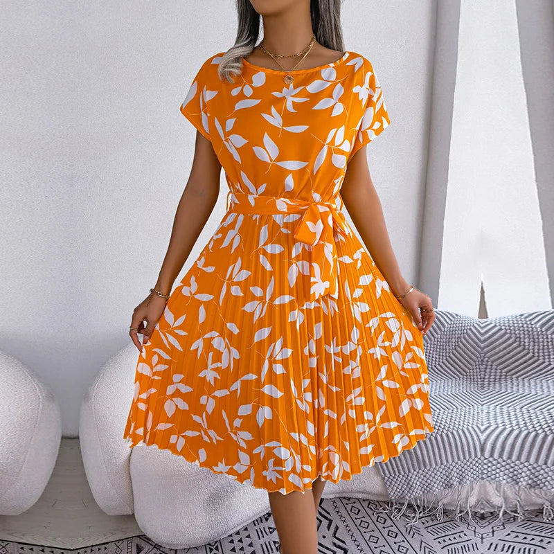 Vestido maxi para mujer de gasa con flores, plisado, manga corta, cintura alta, corte en A – Casual de verano