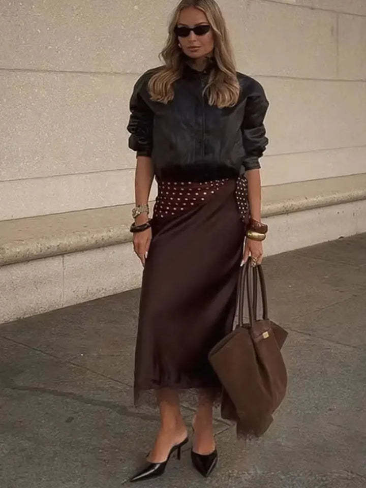 Falda midi para mujer de satén con encaje, lunares, cintura alta, corte recto, uso casual