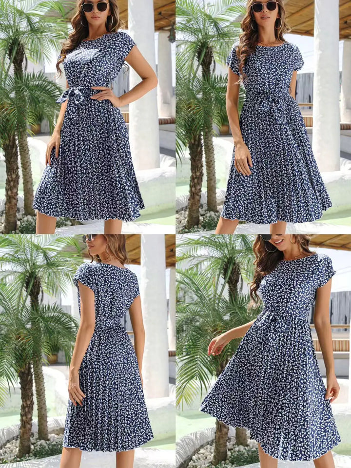 Vestido midi para mujer de gasa con estampado floral, escote en V, manga corta, corte en línea A, tipo pulóver – Casual de verano