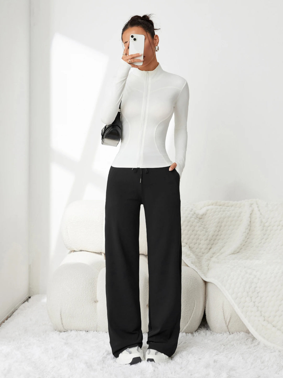 Pantalon femme en soie glacée, jambe large, taille haute, coupe ample, décontracté, été