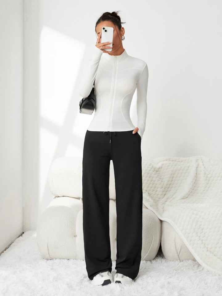 Pantalon femme en soie glacée, jambe large, taille haute, coupe ample, décontracté, été