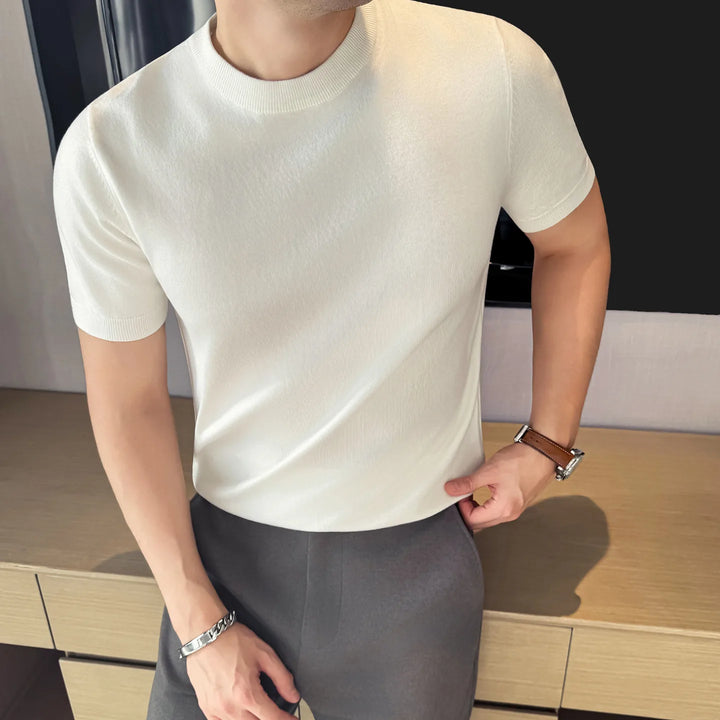 Camiseta de hombre de punto lisa, ajuste slim, manga corta, cuello redondo, casual