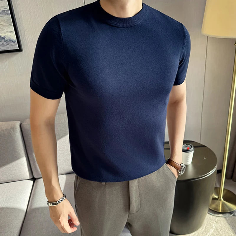 Camiseta de hombre de punto lisa, ajuste slim, manga corta, cuello redondo, casual