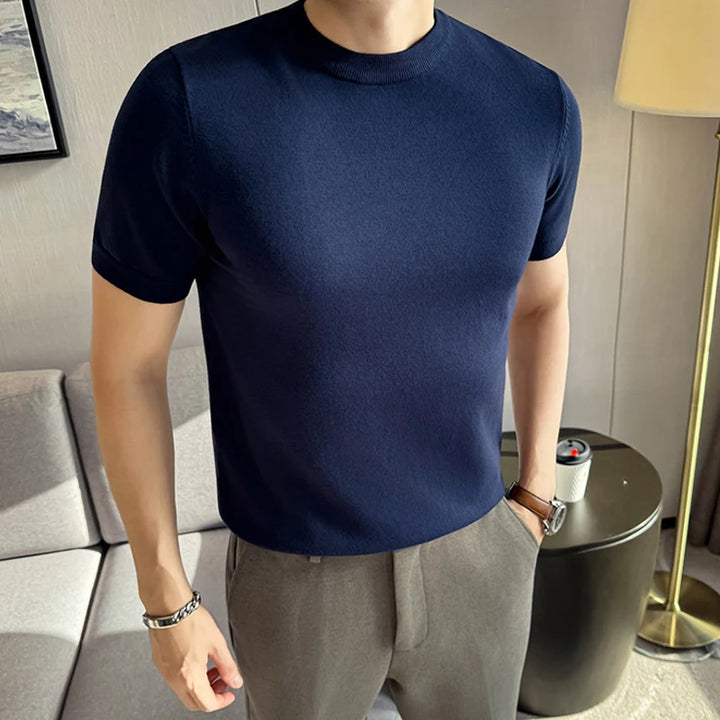 Camiseta de hombre de punto lisa, ajuste slim, manga corta, cuello redondo, casual