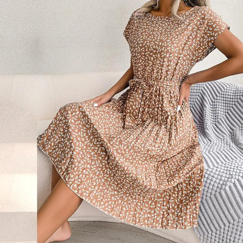 Vestido maxi para mujer de gasa con flores, plisado, manga corta, cintura alta, corte en A – Casual de verano