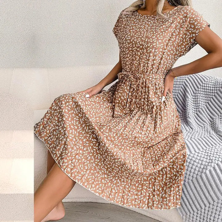 Vestido maxi para mujer de gasa con flores, plisado, manga corta, cintura alta, corte en A – Casual de verano