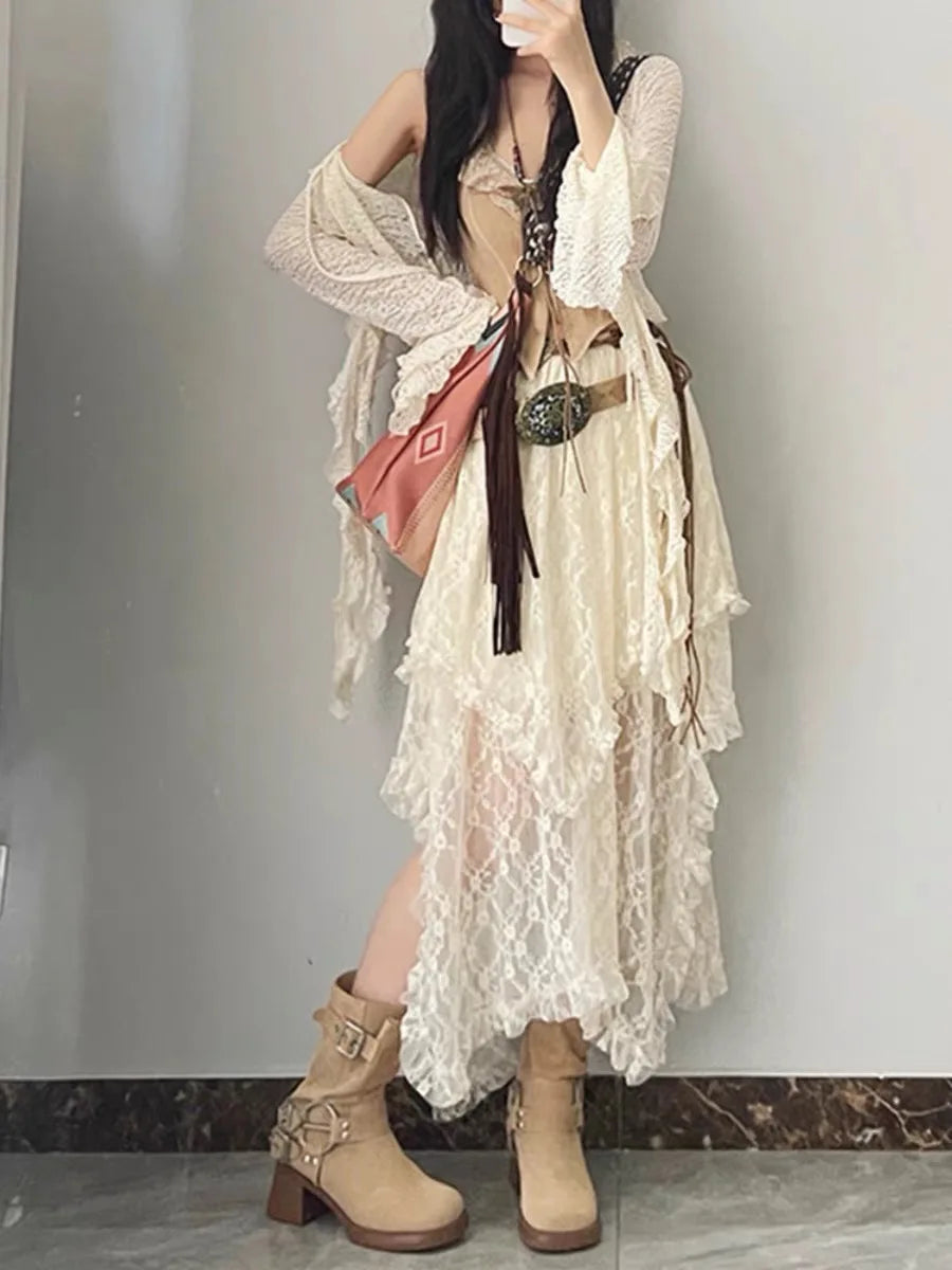 Jupe femme en dentelle, taille haute asymétrique, ourlet irrégulier, style Y2K bohème pour soirée
