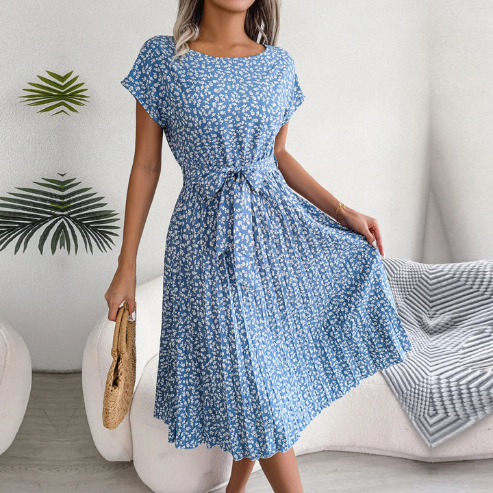 Vestido maxi para mujer de gasa con flores, plisado, manga corta, cintura alta, corte en A – Casual de verano