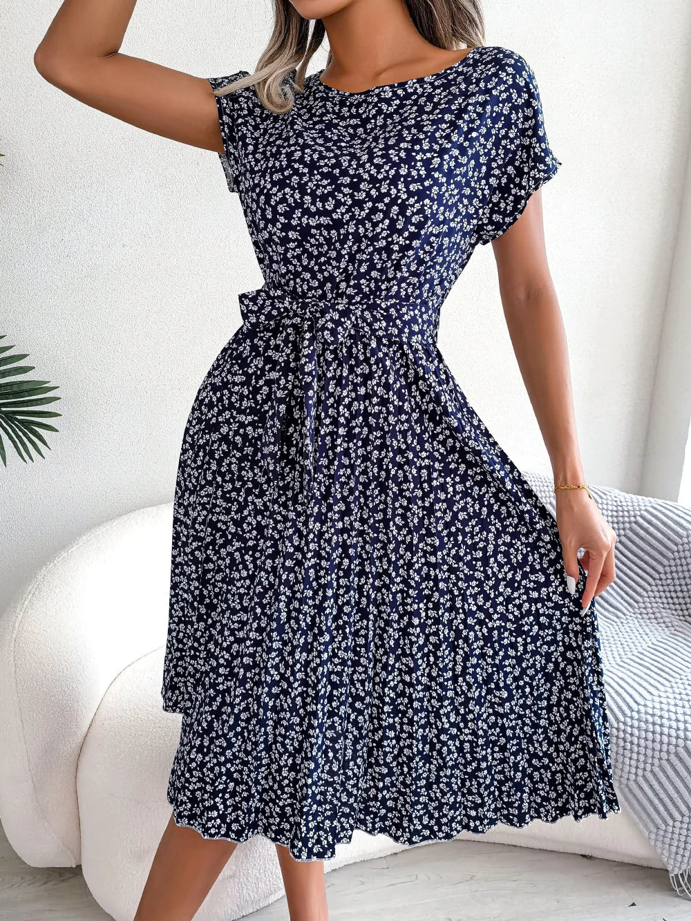 Vestido maxi para mujer de gasa con flores, plisado, manga corta, cintura alta, corte en A – Casual de verano
