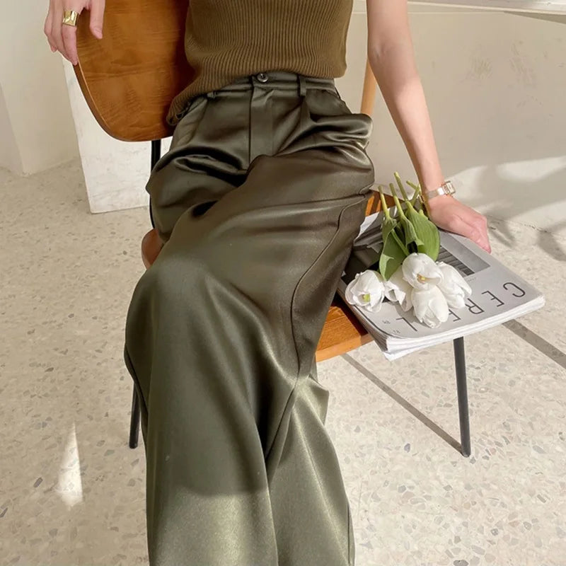 Pantalon femme en satin, jambe large, taille haute, coupe ample, longueur totale, décontracté