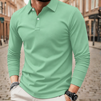 Mens long sleeve polo shirt solid color loose fit polyester fabric
