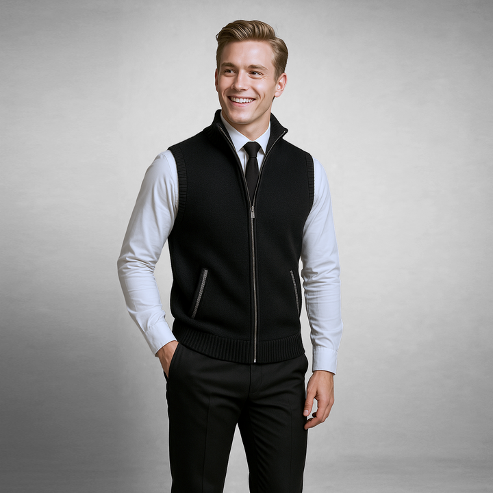 Chaleco de punto para hombre con cremallera, cuello alto y sin mangas, casual