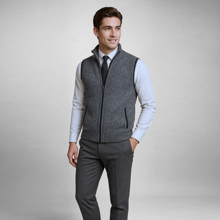 Chaleco de punto para hombre con cremallera, cuello alto y sin mangas, casual