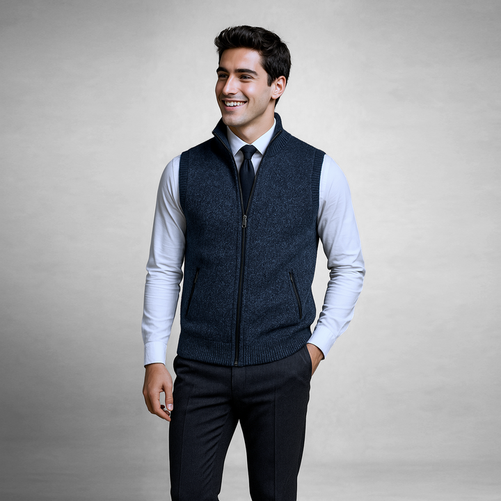 Chaleco de punto para hombre con cremallera, cuello alto y sin mangas, casual