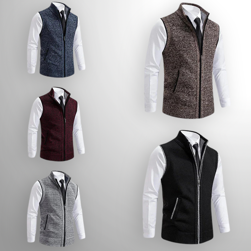 Chaleco de punto para hombre con cremallera, cuello alto y sin mangas, casual