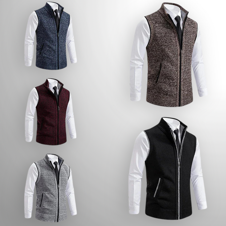 Chaleco de punto para hombre con cremallera, cuello alto y sin mangas, casual