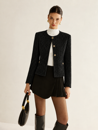 Women's Button Down Tweed Blazer | Asymmetric Hem Slit
