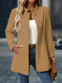 Women's Coat Short Stand Collar Button Closure Mid Length