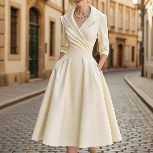 Elegant Midi Dress V Neck Three Quarter Sleeve