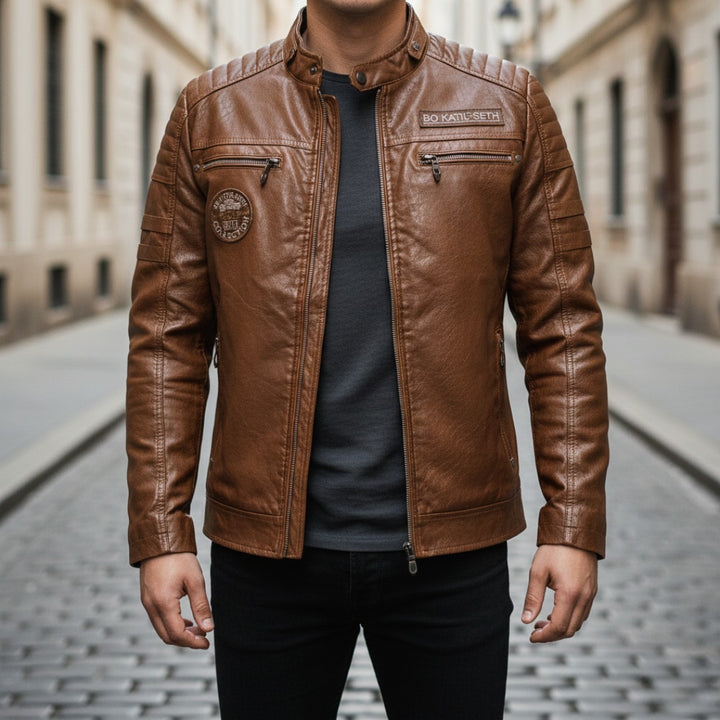 Modische Herren-Lederjacke im Biker-Stil mit Reißverschluss | Vestea