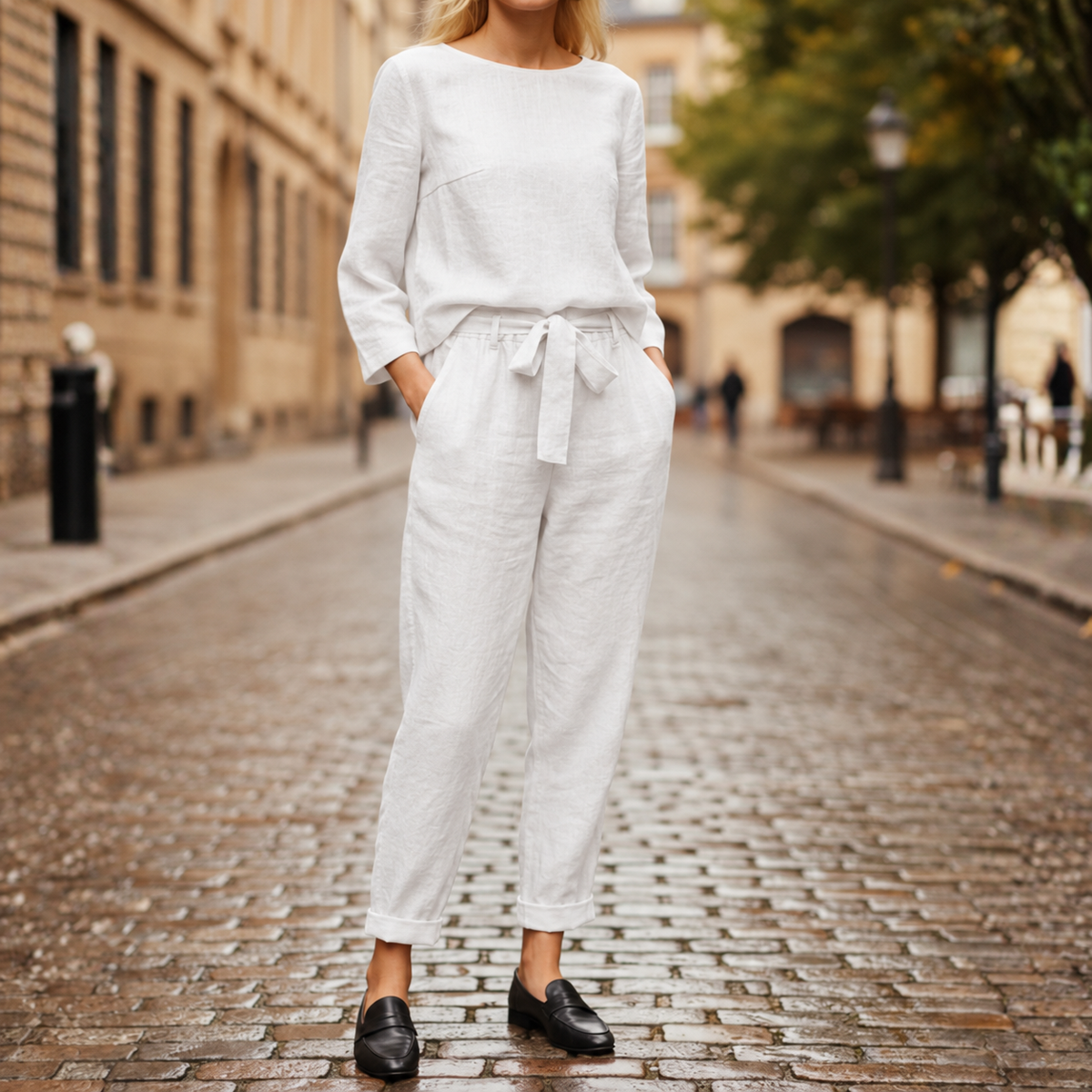 Two Piece Set Long Sleeve Top Tie Waist Tapered Pants Women