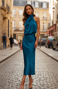 Vestido midi para mujer con cuello alto sin mangas de mezcla de algodón