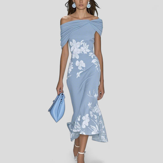 Women's Midi Dress Off-Shoulder Printed Short Sleeve