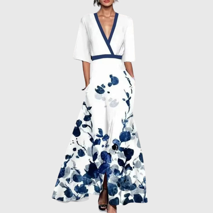 Vestido de satén para mujer con flores, manga larga, escote en V, cinturón y falda acampanada