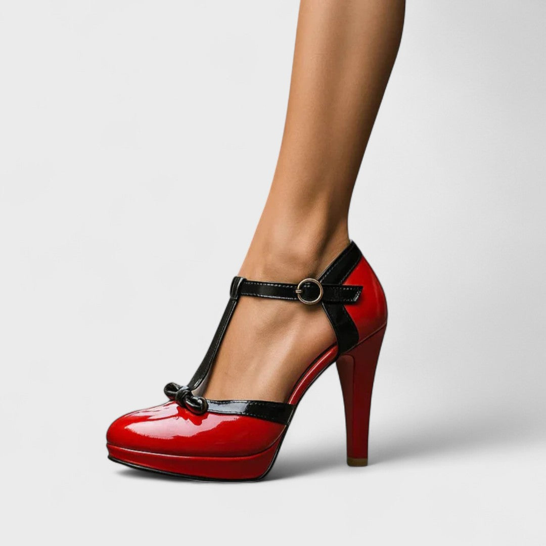 Tacones de mujer de charol con punta redonda, tira en T y tacón alto