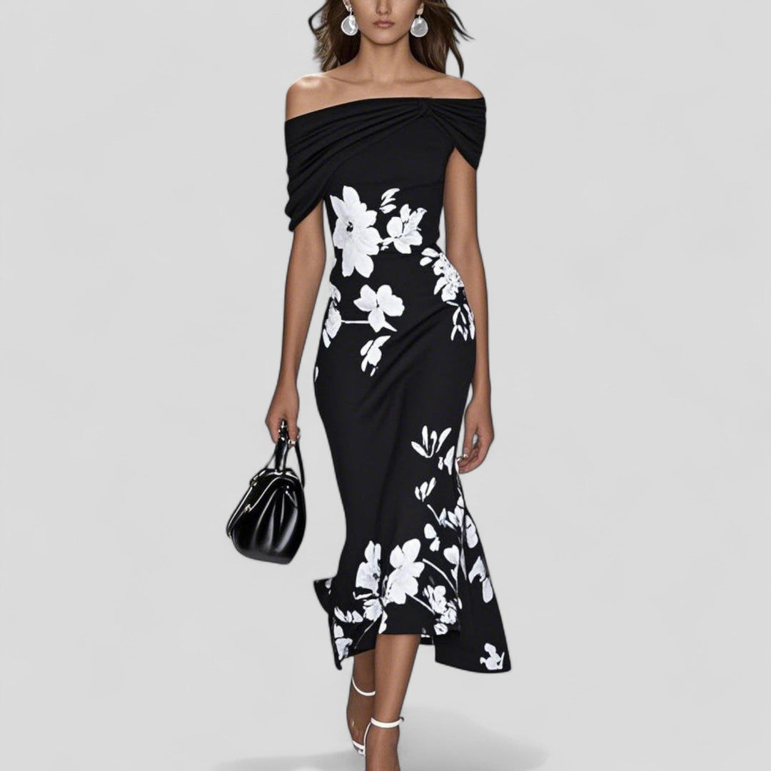 Robe midi femme imprimée à manches courtes et épaules dénudées