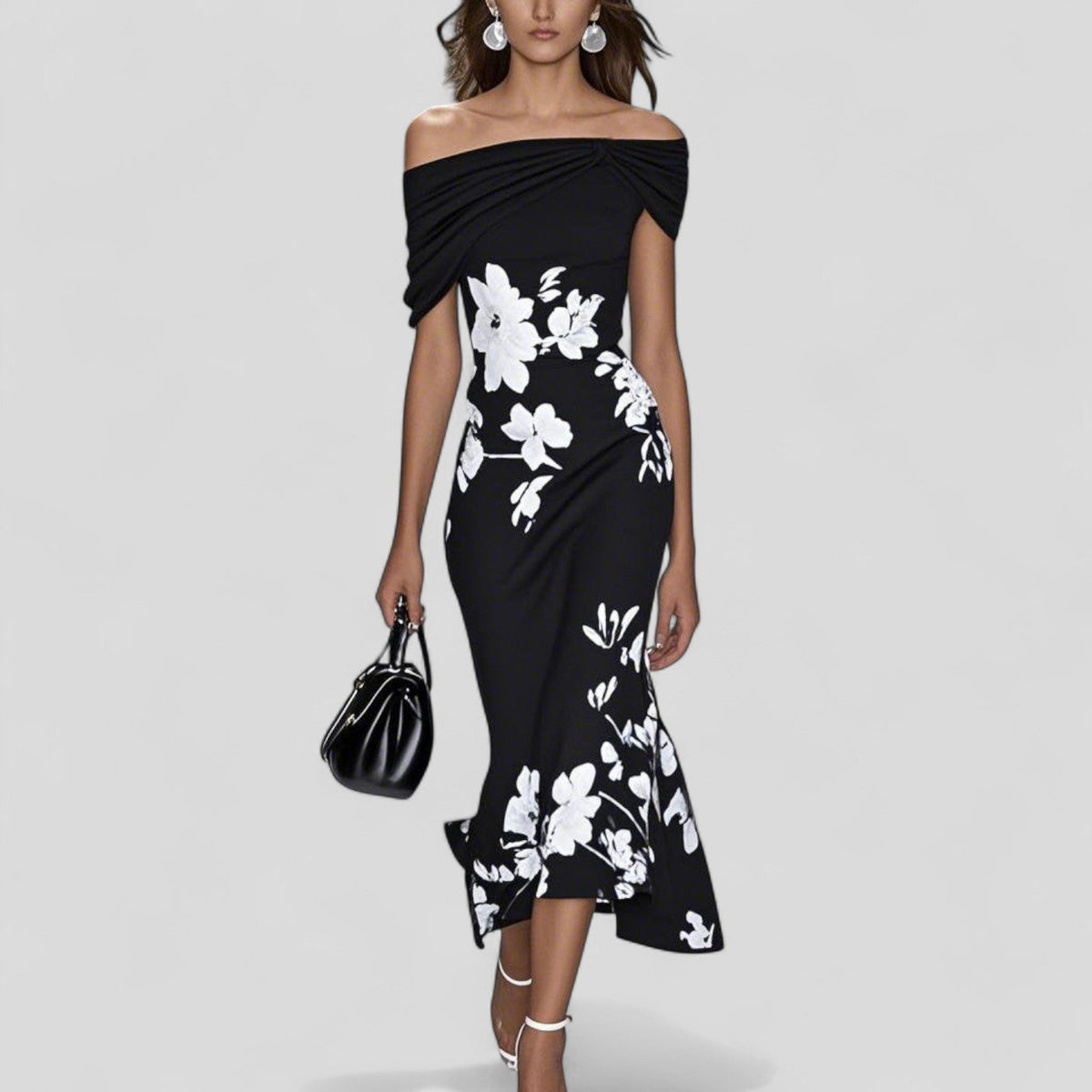 Robe midi femme imprimée à manches courtes et épaules dénudées