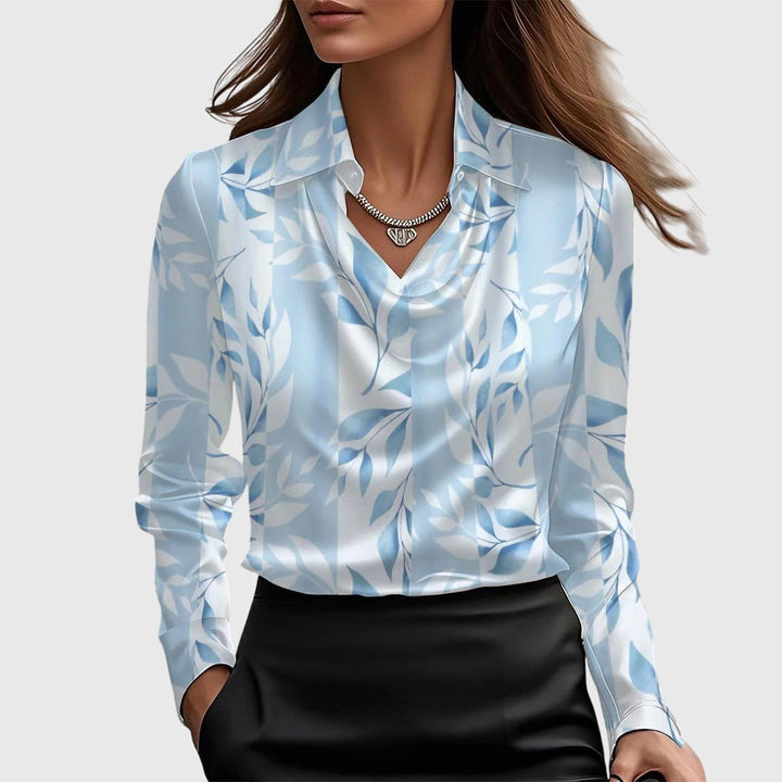 Blouse femme en satin à manches longues, col plissé, boutonnée
