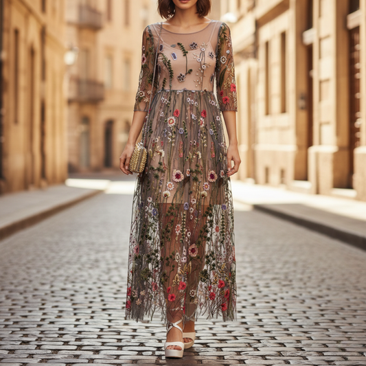 Women Mesh Embroidered Maxi Dress