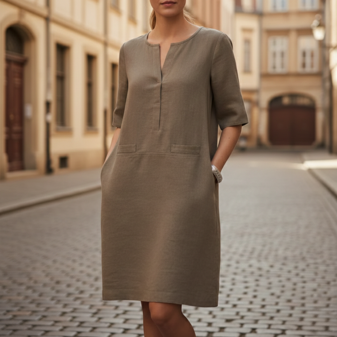 Robe droite manches courtes aspect lin pour femme