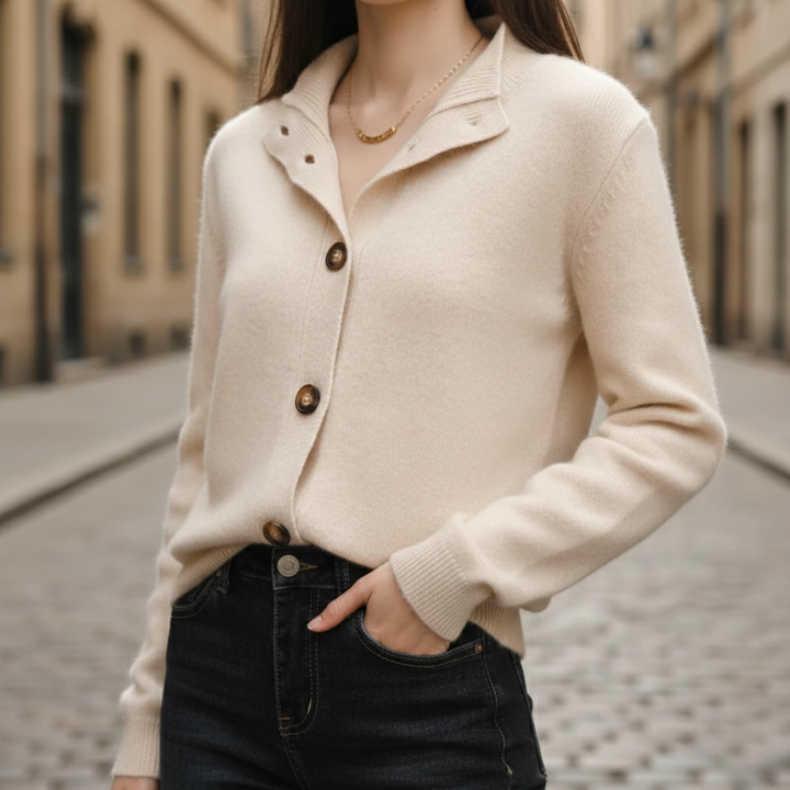 Suéter de punto de lana con botones al frente y mangas largas para mujer