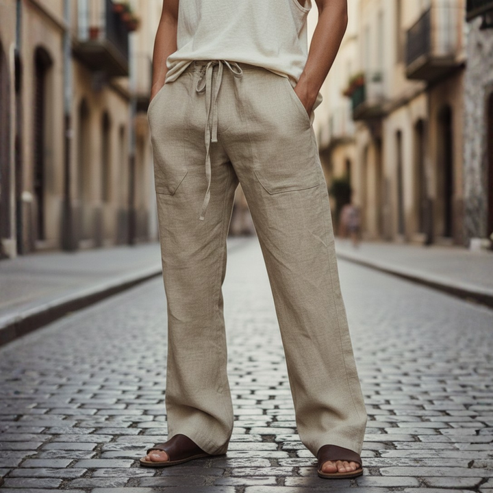Pantalones holgados de lino para hombre con cordón