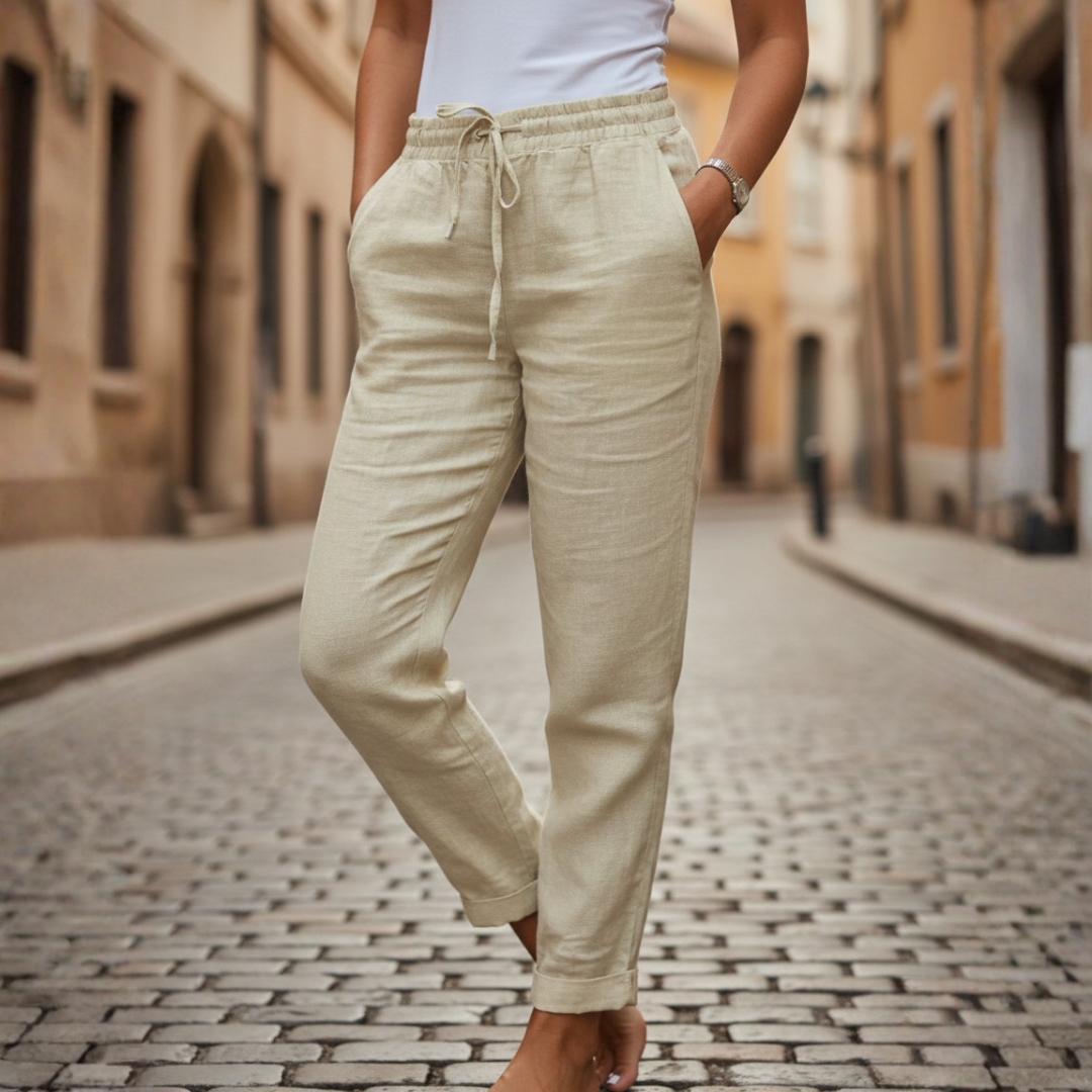 Pantalon en lin taille élastique à cordon de serrage, coupe fuselée pour femme, été