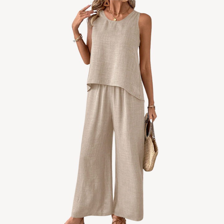 Leinen Tank Top Weite Bein Hose Damen | Vestea