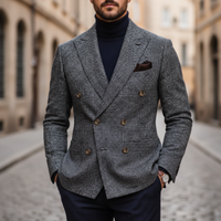 Men Double-Breasted Plaid Blazer