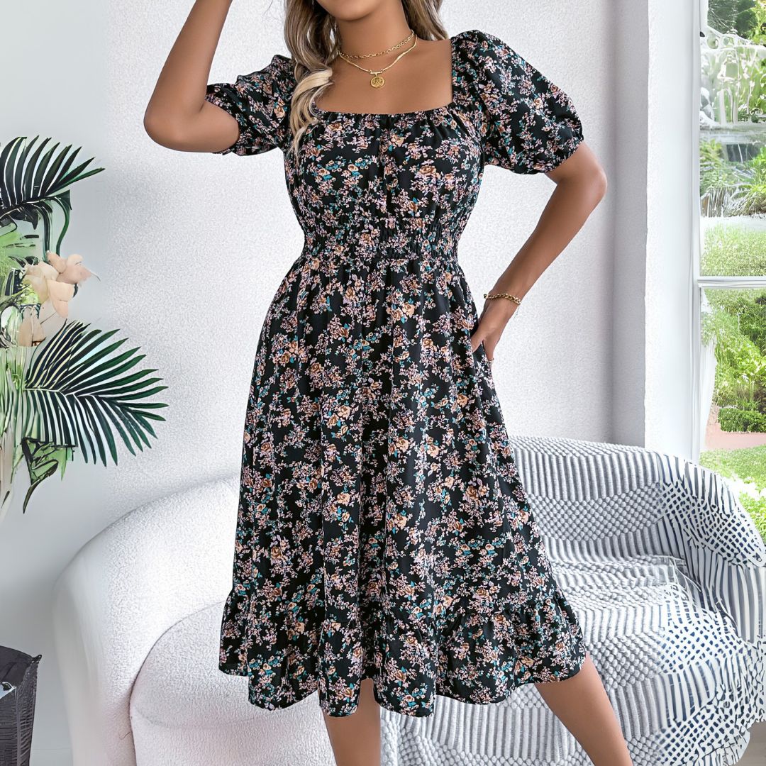 Damen Blumen Midikleid Baumwolle Puffärmel | Vestea