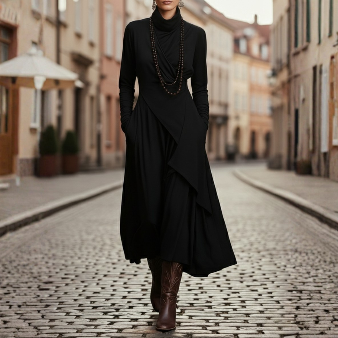 Vestido largo asimétrico plisado de cuello alto y manga larga para mujer