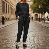 Two Piece Set Long Sleeve Top Tie Waist Tapered Pants Women