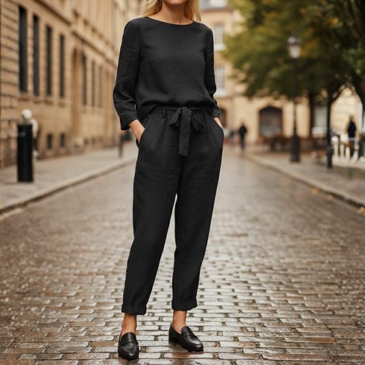 Two Piece Set Long Sleeve Top Tie Waist Tapered Pants Women
