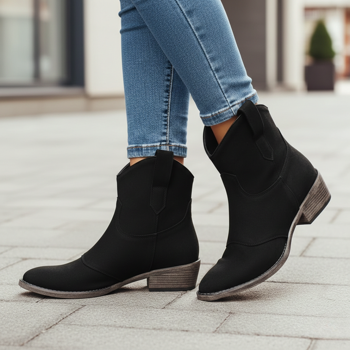 Botines de Ante Vaqueros Tacón Apilado Punta Fina para Mujer