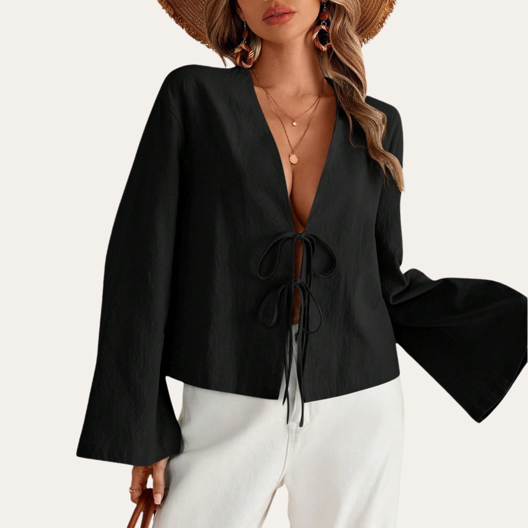 Vestea | Damen Baumwoll-Leinen Bluse mit Bindeband