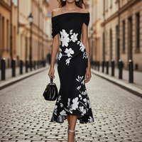 Midi Dress Off-the-Shoulder Floral Print Womens