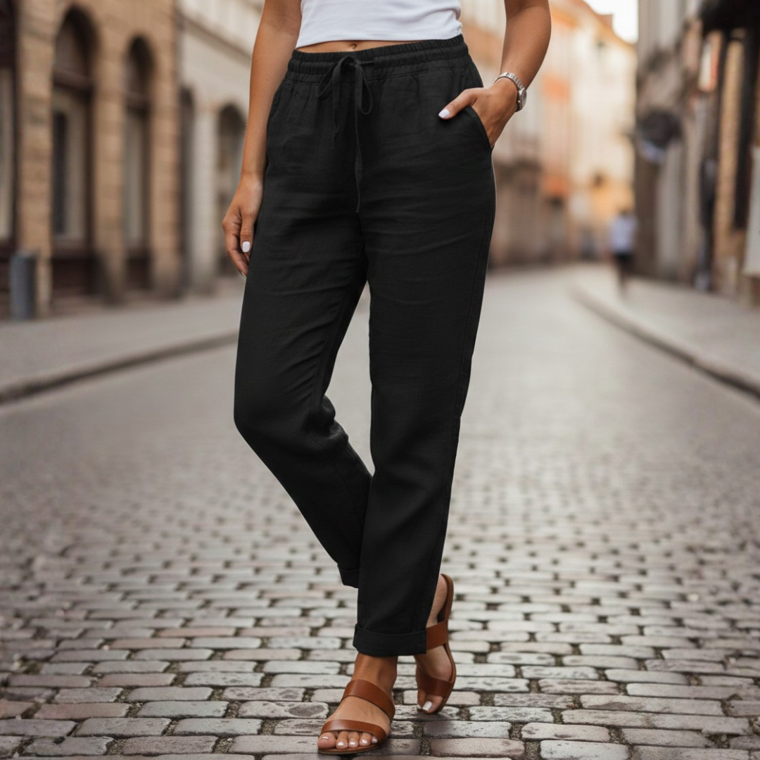 Pantalon en lin taille élastique à cordon de serrage, coupe fuselée pour femme, été