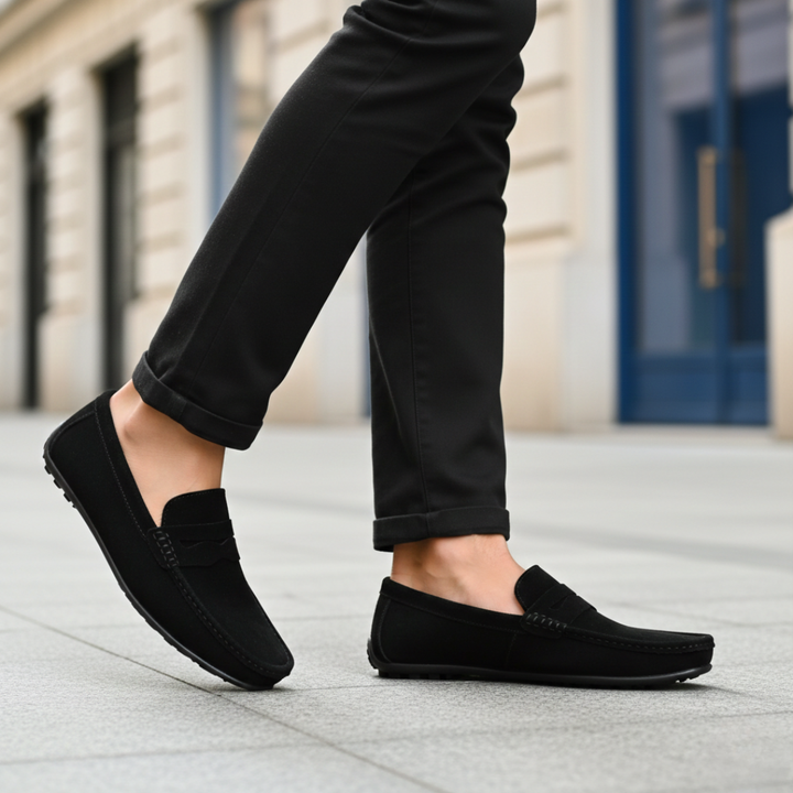 Zapatos de conducir para hombre tipo mocasín de ante con correa para moneda, sin cordones