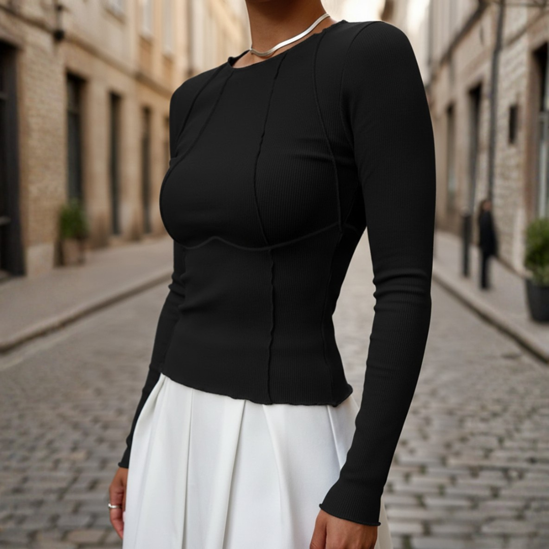 Haut à manches longues pour femme, côtelé, avec couture en relief, coupe ajustée