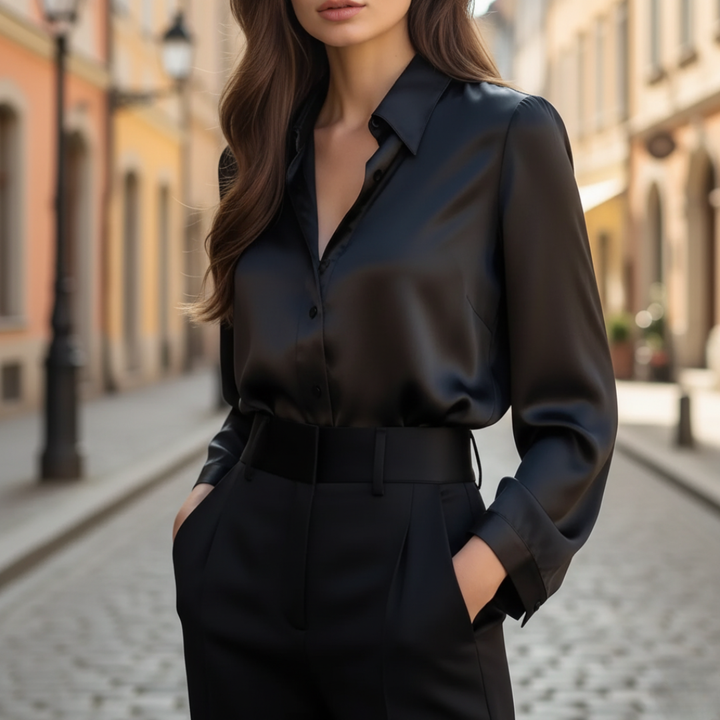 Damen Satin-Bluse Seiden-Optik Langarm mit Knopfleiste | Vestea